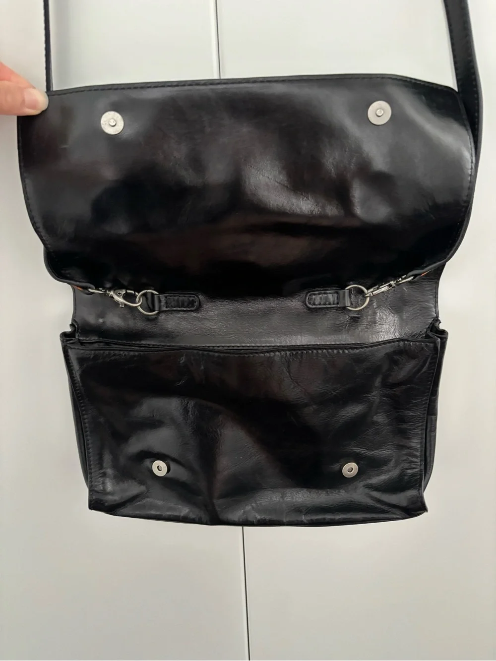 Miss Sixty Black Leather Messenger Bag with Metal Button Accents